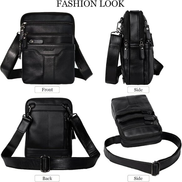 Men's Black Small Zipper Messenger Pack Genuine Leather Sling Shoulder Bag - Picture 5 of 7